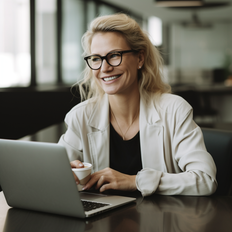 Smiling woman with laptop and a cup of coffee. SEO copy writing.