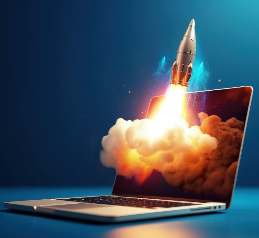 Laptop with a rocket flying out. SEO copywriting Sweetgrass Marketing