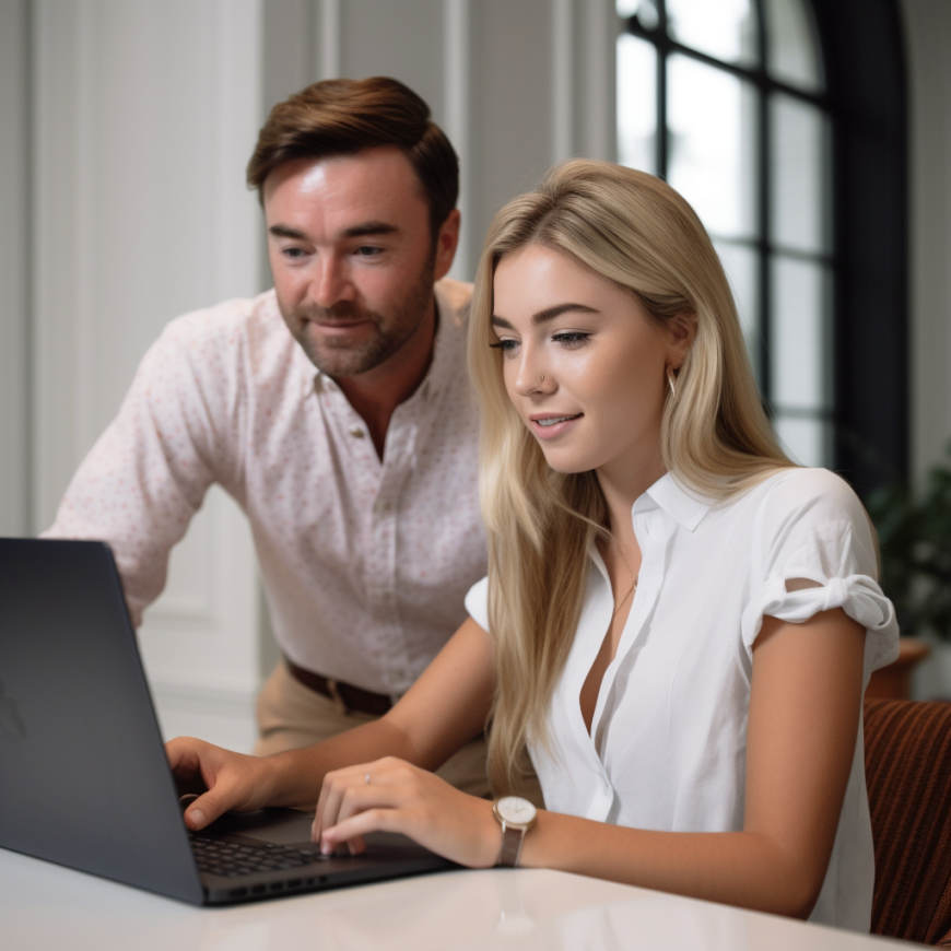 Joyful Young businessman and businesswoman looking at a laptop - Sweetgrass Marketing