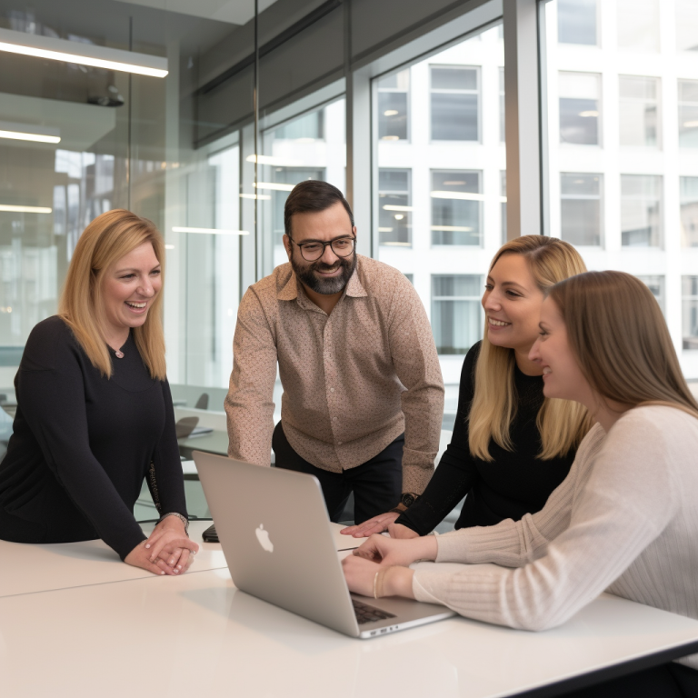 3 woman and 1 man smiling using alop top Sweetgrass Marketing seo copywriting